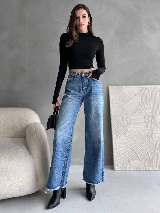 100%Cotton Blue High Waist Wide Leg Jeans