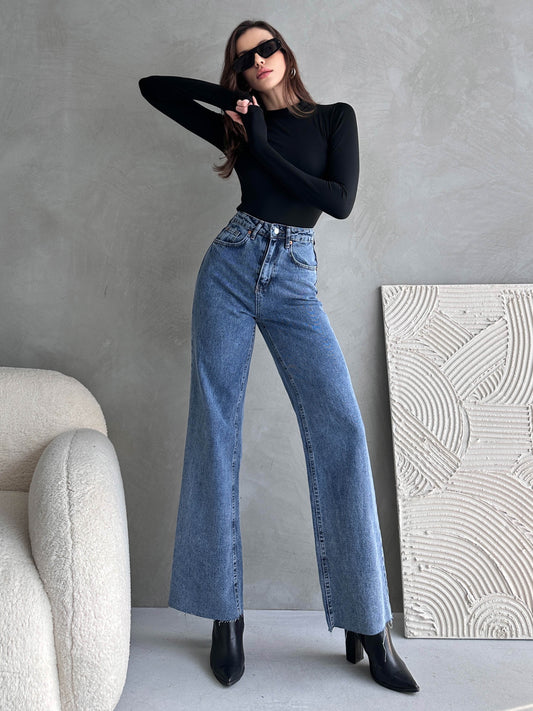 100%Cotton Blue High Waist  Wide Leg Jeans