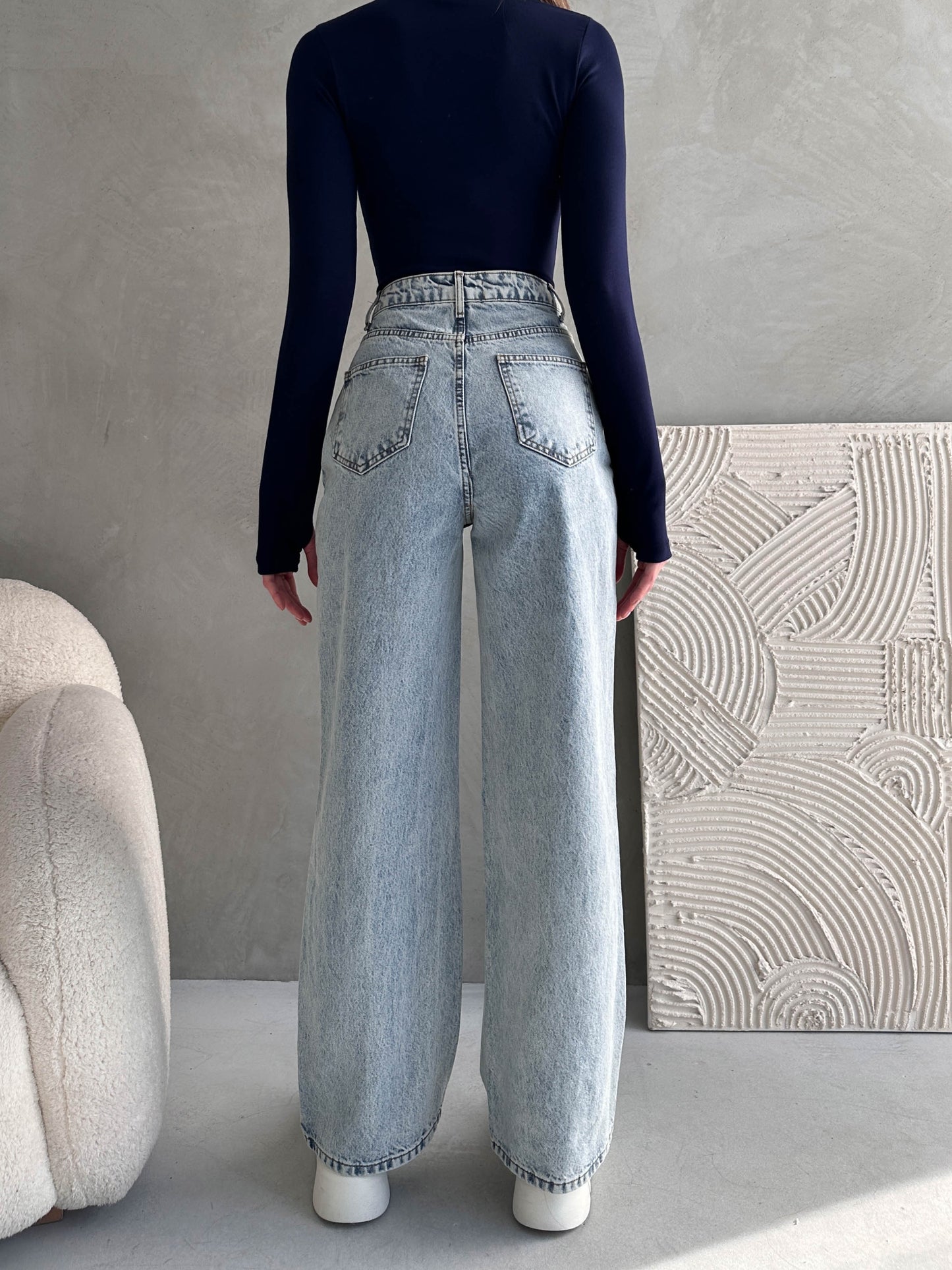 100%Cotton Blue High Waist Wide Leg Jeans