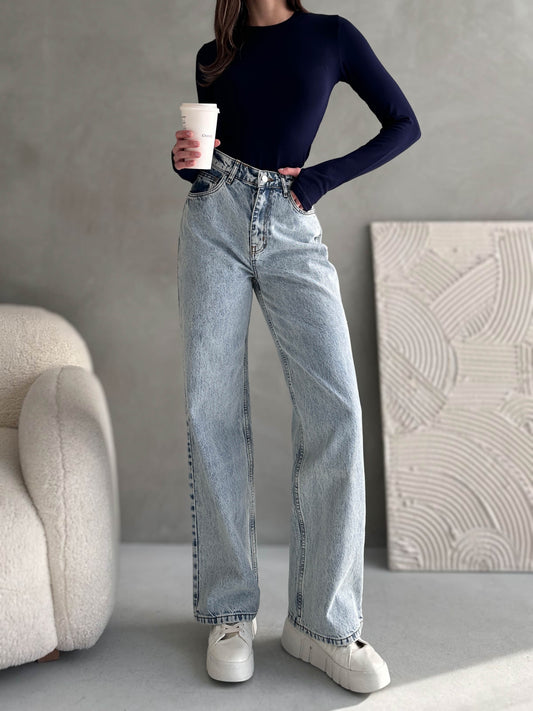 100%Cotton Blue High Waist Wide Leg Jeans