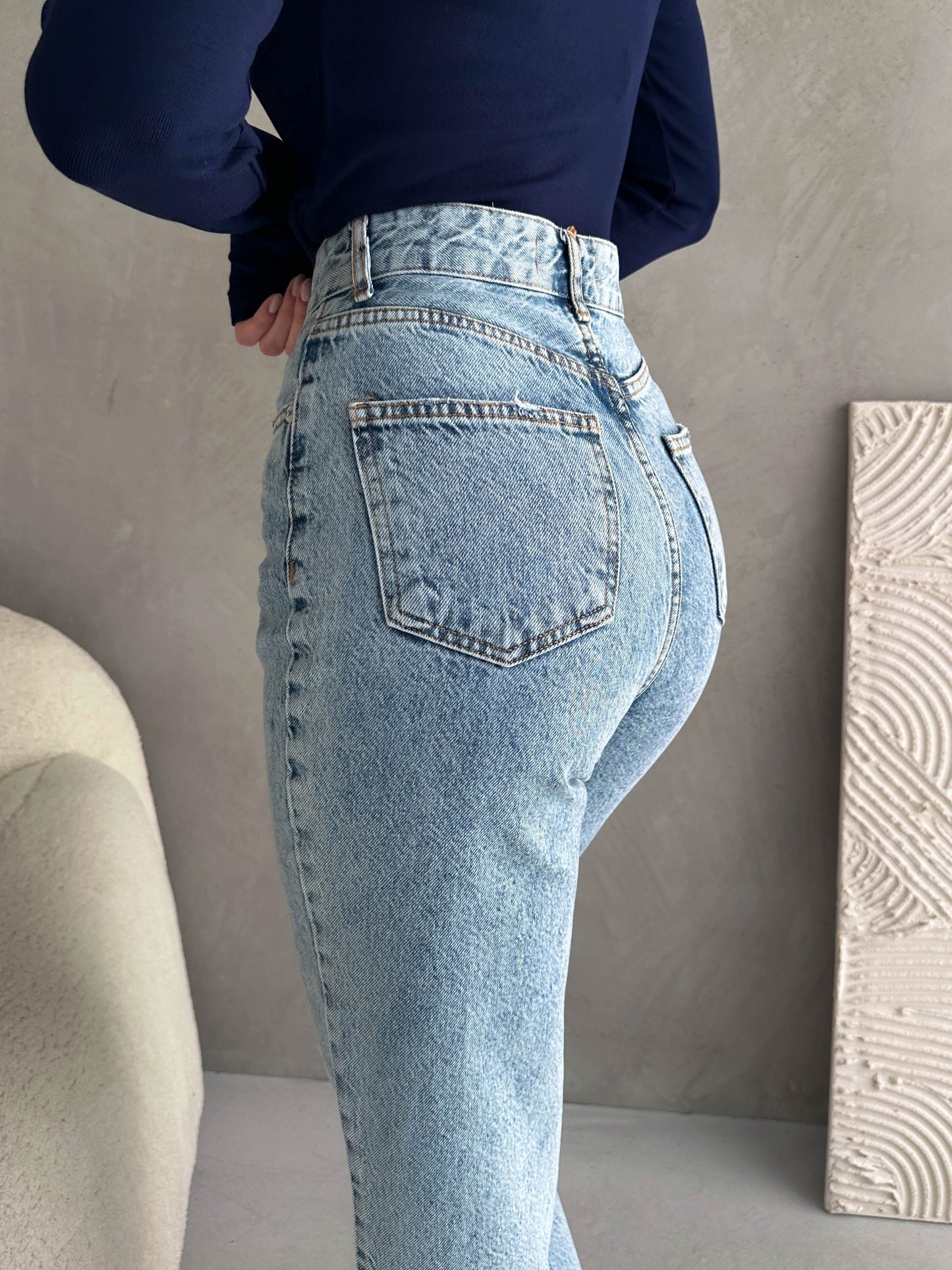 100%Cotton Blue High Waist Wide Leg Jeans