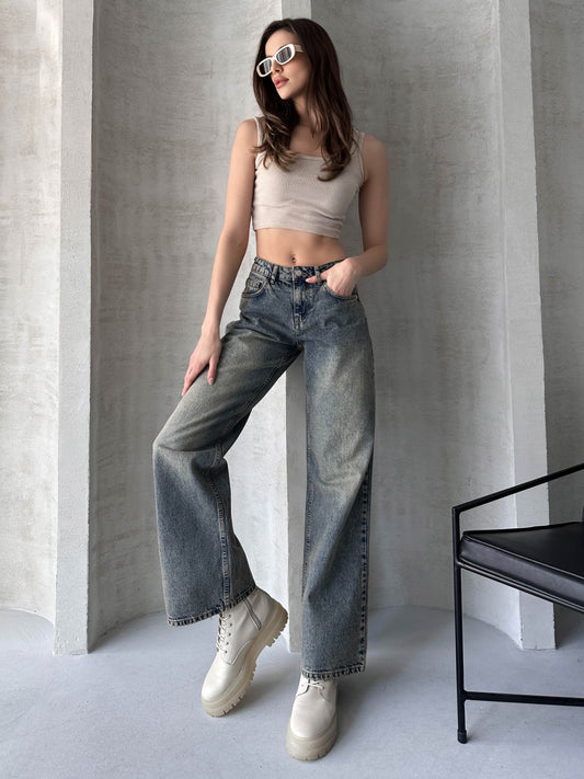 100%Cotton Vintage High Waist Wide Leg Jeans